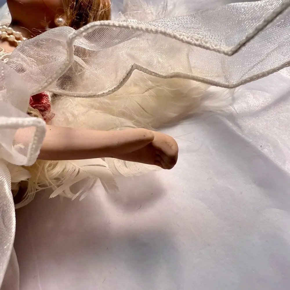 VTG Porcelain Angel Christmas Ornament Cream Pink Pearl Lace Feathers Ribbon 12”